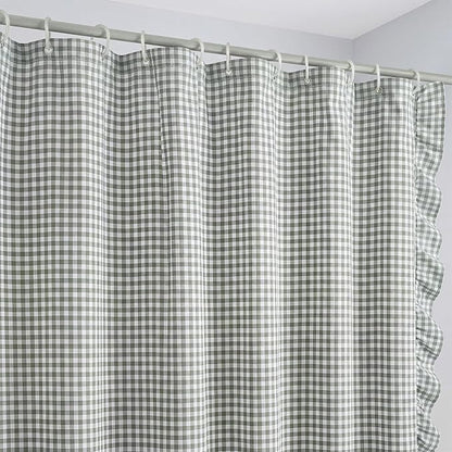 HunnmingRe Ruffled Gingham Shower Curtain Sage Green | 72'' x 72'' Vintage Farmhouse Curtain, Cotton Cottage Core Rural Checkered Plaid Decor, Fall Shower Curtain for Bathroom