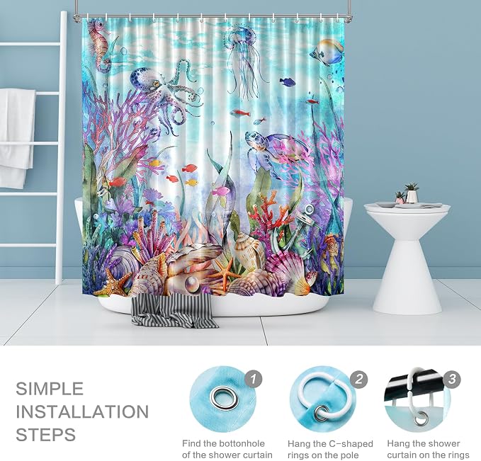 Ocean Shower Curtain, Kids Shower Curtain for Bathroom 72x72 | Marine Life Beach Shower Curtain Set with Hooks Quick-dry Waterproof Machine Washable Bath Curtains