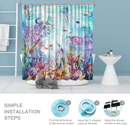 Ocean Shower Curtain, Kids Shower Curtain for Bathroom 72x72 | Marine Life Beach Shower Curtain Set with Hooks Quick-dry Waterproof Machine Washable Bath Curtains