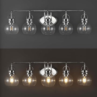 JONATHAN Y 36.25" Chrome Shirley 5-Light Bathroom Vanity Light, Metal Wall Sconce, Clear Seeded Glass Shade, Modern Transitional Farmhouse Fixture, LED Bulbs Included (JYL7906A)