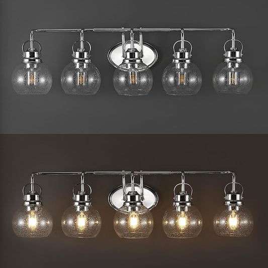 JONATHAN Y 36.25" Chrome Shirley 5-Light Bathroom Vanity Light, Metal Wall Sconce, Clear Seeded Glass Shade, Modern Transitional Farmhouse Fixture, LED Bulbs Included (JYL7906A)