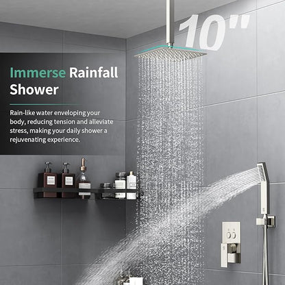 SR SUSR SUN RISE Shower System with Push Button Diverter, Ceiling Mounted Luxury 10 Inch Rain Shower Head with Handheld Spray, High Pressure Shower Faucet Combo Set with Rough-in Valve, Brushed Nickel