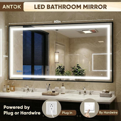 Antok 60X30 LED Bathroom Mirror with Lights, Vanity Mirror for Wall with Black Frame, Touch Control, Anti-Fog, Dimmable Lights, Shatter-Proof, Memory Function, Wall-Mounted Vanity Mirrors