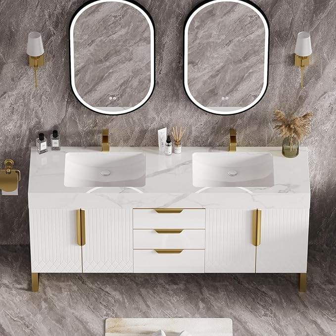 homary 60" Freestanding Bathroom Vanity Set with Double Sink, Modern Bathroom Sink Cabinet Storage Cabinet with Sintered Stone Countertop and Ample Storage, White