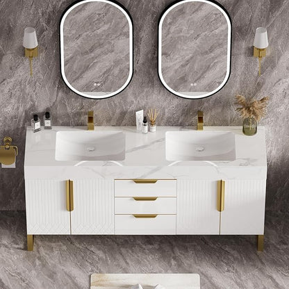 homary 60" Freestanding Bathroom Vanity Set with Double Sink, Modern Bathroom Sink Cabinet Storage Cabinet with Sintered Stone Countertop and Ample Storage, White