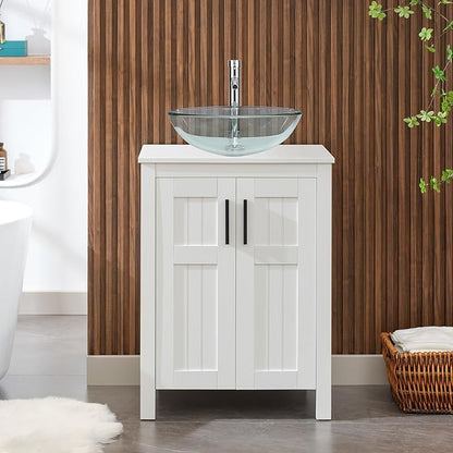 UEV White 24" Bathroom Vanity with Sink Combo,Modern Vanity with Vessel Sink,Stylish Bathroom Vanity Cabinet,Grooved Doors & Metal Handles,Modern Glass Round Bowl Tempered Glass Vessel Sink(A16)