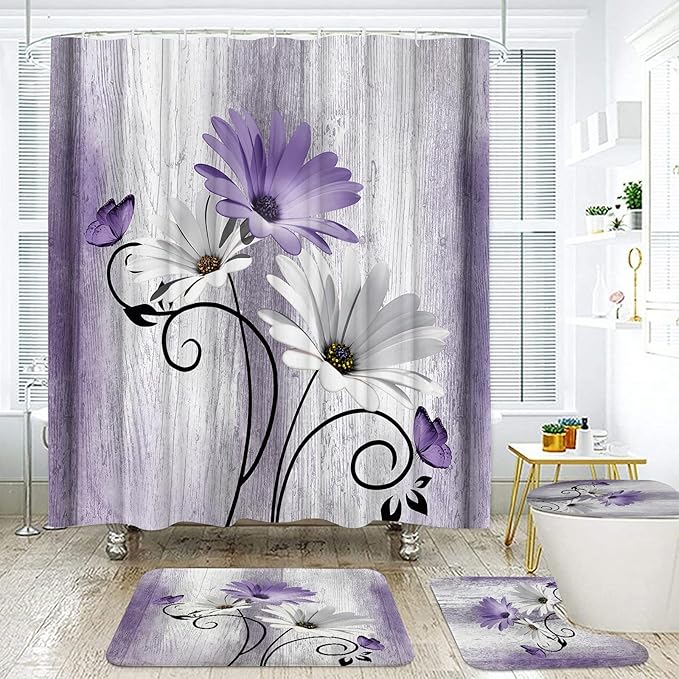 Onalasyc 4PCS Purple Daisy Bathroom Sets with Shower Curtain and Rugs | Country Floral Butterfly Shower Curtain Set,Modern Bathroom Decor Shower Curtains Set with Rugs Toilet Lid Cover and 12 Hooks