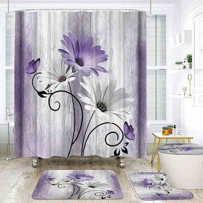 Onalasyc 4PCS Purple Daisy Bathroom Sets with Shower Curtain and Rugs | Country Floral Butterfly Shower Curtain Set,Modern Bathroom Decor Shower Curtains Set with Rugs Toilet Lid Cover and 12 Hooks