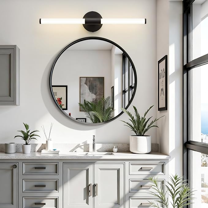 LED Bathroom Vanity Lights Black Modern Wall Sconce 24" | 360° Bright Lighting, Dimmable Vanity Light Bar, Hardwired Wall Lights 4000K Natural White for Mirror