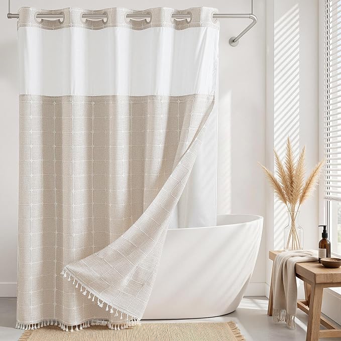 RiverDream Farmhouse No Hooks Shower Curtain with Snap-in Liner,Linen,71x80 | Snap on Fabric Liner,Heavy Duty,Quick Dry,Mesh Top Window,With Bottom Magnets,Washable,with Tassels,Long Size
