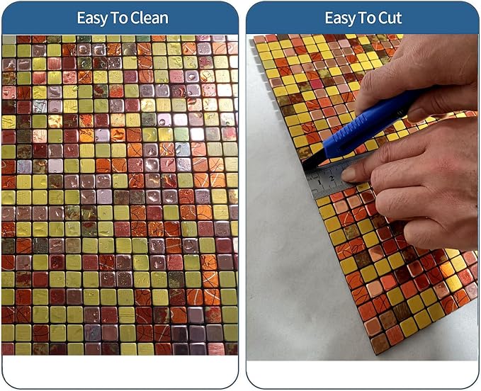 10 Pcs Peel and Stick Backsplash Mosaic Tiles, Self-Adhesive Wall Tile, Waterproof Oil Proof Stick On Tile for Kitchen, Bathroom Vanity, Fireplace & Laundry Room Decor (Gold+Red Printing)