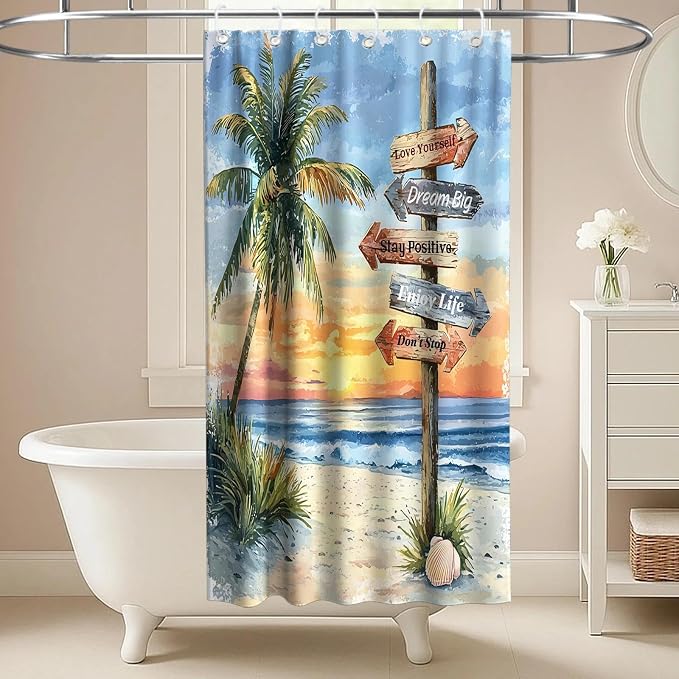 Beach Tropical Coastal Shower Curtain Luxury Aesthetic Palm Tree Summer Sun | Inspirational Shower Curtains for Bathroom, Waterproof Bath Curtain with Hooks Machine Washable Bathtub Curtains 36x72 Inch