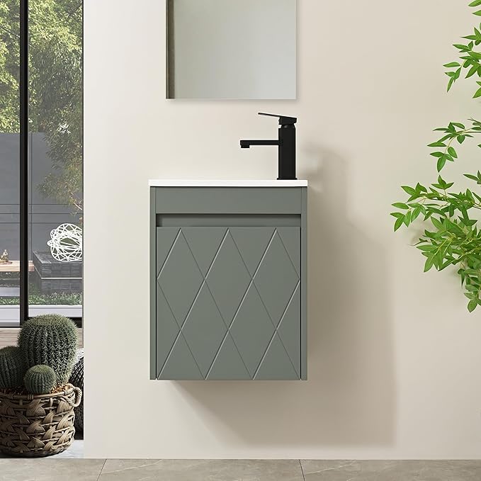 16" Bathroom Vanity Sink Combo for Small Space, Wall Mounted Bathroom Cabinet Set with White Resin Basin Sink Top Black Faucet Pop Up Drain Green