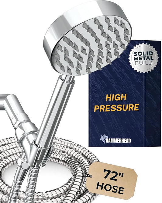 HammerHead Showers® Solid Metal Handheld Shower Head with Hose and Brass Holder - CHROME - 2.5 GPM High Pressure Shower Heads with Adjustable Shower Wand Bracket - 6ft Flexible Extension