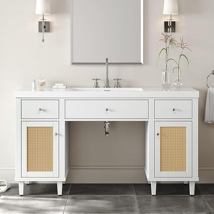 60 Inch White Bathroom Vanity with Single Sink & Integrated Countertop,Large Bathroom Vanity with Rattan Doors,2 Drawers & Storage Cabinets,Gas Spring Tip-Out Tray,Soft Closing System,Solid Wood Legs