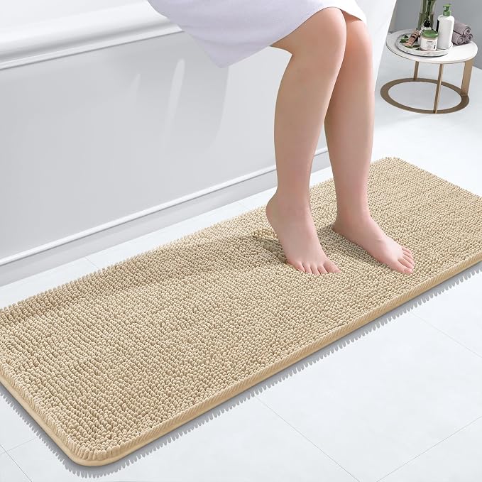 OLANLY Bathroom Runner Rugs 47x17, Extra Soft Absorbent Chenille Bath Rugs | Beige, Quick-Drying Rubber Backing, Machine Washable Long Bath Mat for Bathroom Floor, Tub and Shower, Home Decor Accessories