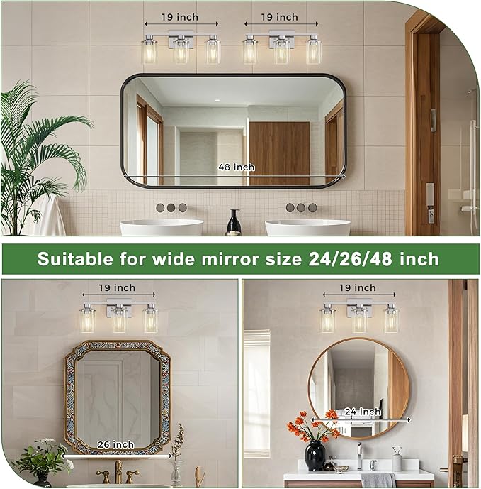 DORESshop 20 Inch Bathroom Light Fixtures, 3-Light Chrome Bathroom Lighting Fixtures Over Mirror with Clear Glass Shade, Vanity Lights for Living Room Bedroom