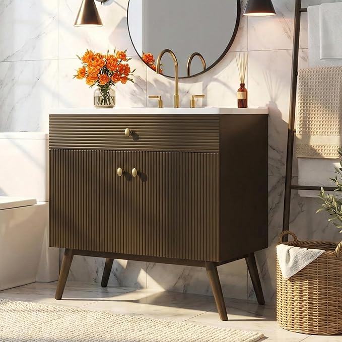 36 Inch Luxury Striped Dark Brown Vanity with Premium Ceramic Sink, Modern Bathroom Storage Cabinet with Soft-Close Dual-Door Storage, Freestanding Sink Vanity for Space Saving (Dark Brown, 36")