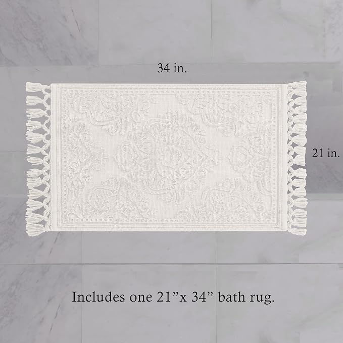Jean Pierre - Ricardo Bath Mat, Woven Fringe Bathroom Rugs, 100% Cotton, Premium Bathroom Decor - Measures 21" x 34" - White
