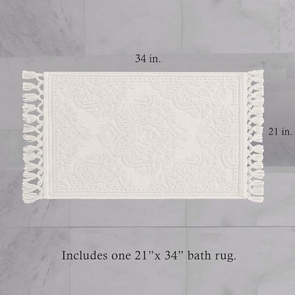 Jean Pierre - Ricardo Bath Mat, Woven Fringe Bathroom Rugs, 100% Cotton, Premium Bathroom Decor - Measures 21" x 34" - White