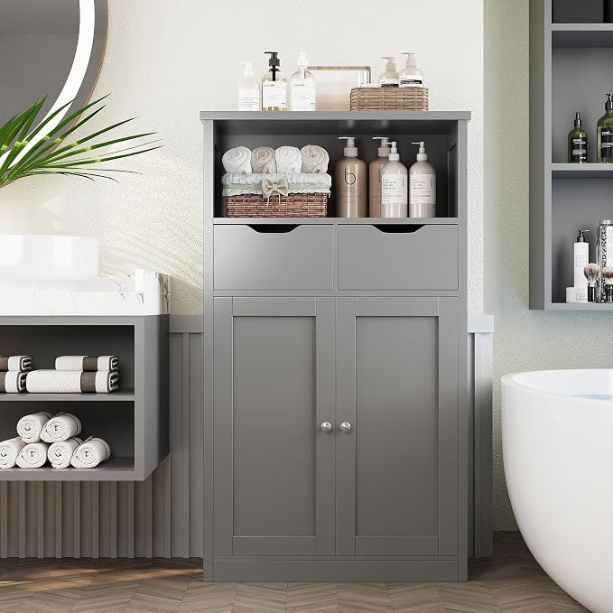 Shintenchi Floor Storage Cabinet, Bathroom Storage Organizer with Doors and Drawers, Freestanding Side Cupboard Pantry with Adjustable Shelf for Bathroom/Kitchen/Livingroom, Gray