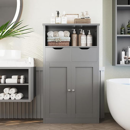 Shintenchi Floor Storage Cabinet, Bathroom Storage Organizer with Doors and Drawers, Freestanding Side Cupboard Pantry with Adjustable Shelf for Bathroom/Kitchen/Livingroom, Gray