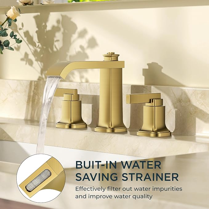 FORIOUS Bathroom Faucet 3 Hole Widespread Sink Faucets Brushed Gold | 3-hole 4-12 Inch Widespread Sink, Square Waterfall Spout, with Drain and Hoses,for Vanity Rv Commercial Lavatory Restroom