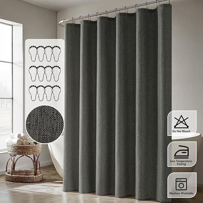 ANRODUO Dark Grey Linen Textured Fabric Shower Curtain Set - W72xL72 | Farmhouse Shower Curtain with 12 Metal Hooks, Waterproof Heavy Duty, Button Hole Design, Machine Washable for Bathroom