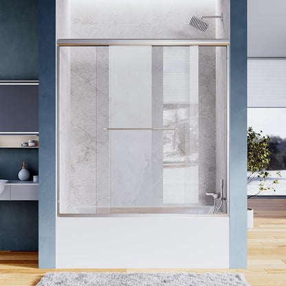 SUNNY SHOWER Bathtub Door Double Glass Sliding Shower Tub Door 60" W x 57.4" H Semi-Frameless 1/4" Clear Glass Shower Enclosure Doors for Bathroom, Chrome Finish