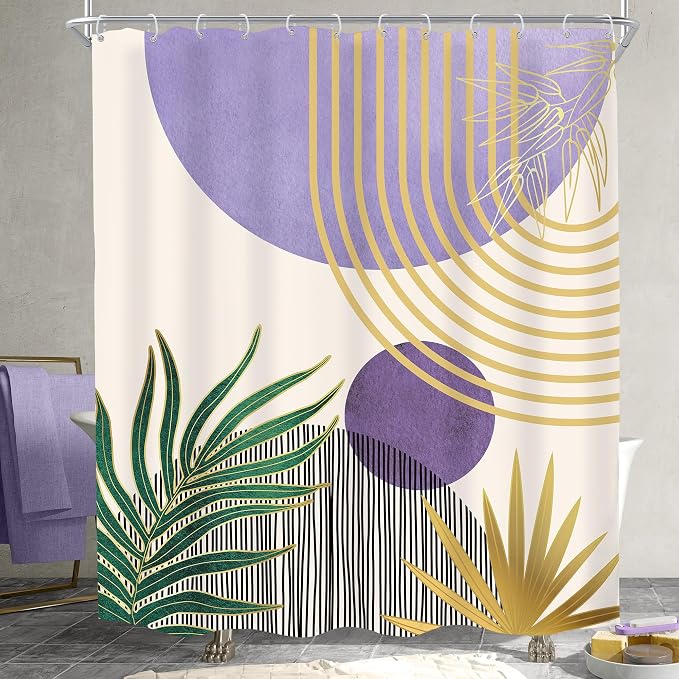 Mid Century Purple Green Boho Abstract Modern Bathroom Shower Curtain Set | 60Wx72L Gold design, waterproof HD print with fast-drying fabric and 12 hooks.