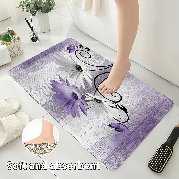 Onalasyc 4PCS Purple Daisy Bathroom Sets with Shower Curtain and Rugs | Country Floral Butterfly Shower Curtain Set,Modern Bathroom Decor Shower Curtains Set with Rugs Toilet Lid Cover and 12 Hooks