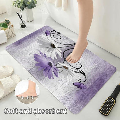 Onalasyc 4PCS Purple Daisy Bathroom Sets with Shower Curtain and Rugs | Country Floral Butterfly Shower Curtain Set,Modern Bathroom Decor Shower Curtains Set with Rugs Toilet Lid Cover and 12 Hooks