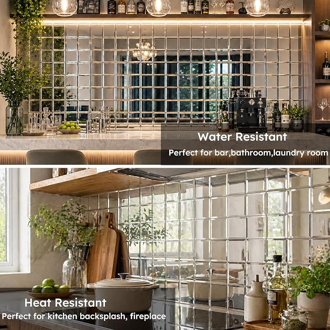 32 Pcs Mirror Peel and Stick Tile, Silver, 3x3 Inch, Beveled Mirror Square Kitchen Backsplash Bar Bathroom Wall Tile