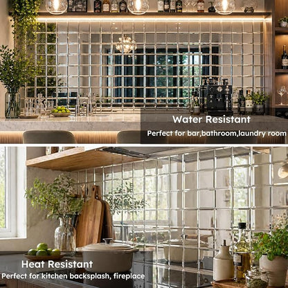 32 Pcs Mirror Peel and Stick Tile, Silver, 3x3 Inch, Beveled Mirror Square Kitchen Backsplash Bar Bathroom Wall Tile