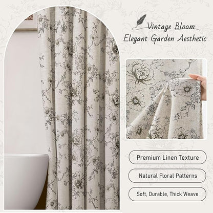 Farmhouse Floral Vintage Shower Curtain for Bathroom, Black and Tan Taupe | 72" W x 90" L, Elegant Boho Pattern Bath Curtain,Linen Fabric