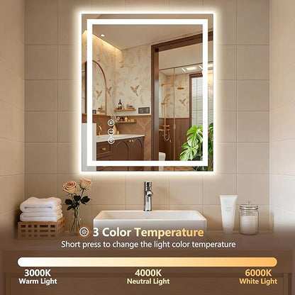 24x30 LED Bathroom Mirror with Lights - Dimmable, Anti-Fog, 3 Color Backlit & Front Lit Mirror for Bathroom, Shatter-Proof Tempered Glass, Easy Installation