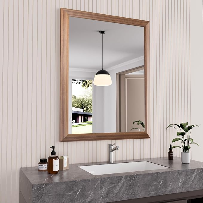 Bathroom Mirror for Wall, 28 X36 Inch (Walnut Wood Grain) | Metal Framed, HD Reflection, Anti-Rust, Hang Horizontally/Vertically, Suitable for Bedroom, Farmhouse, Bathroom, Entryway