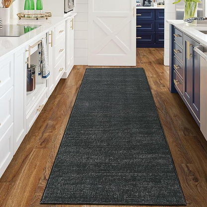 Garvee Washable Runner Rug for Hallway 2x6 Black Solid Color Bathroom Rug | Non Slip Non Shedding Modern Neutral Stain Resistant Low Pile Contemporary Accent Rugs for Entryway Bedroom Kitchen
