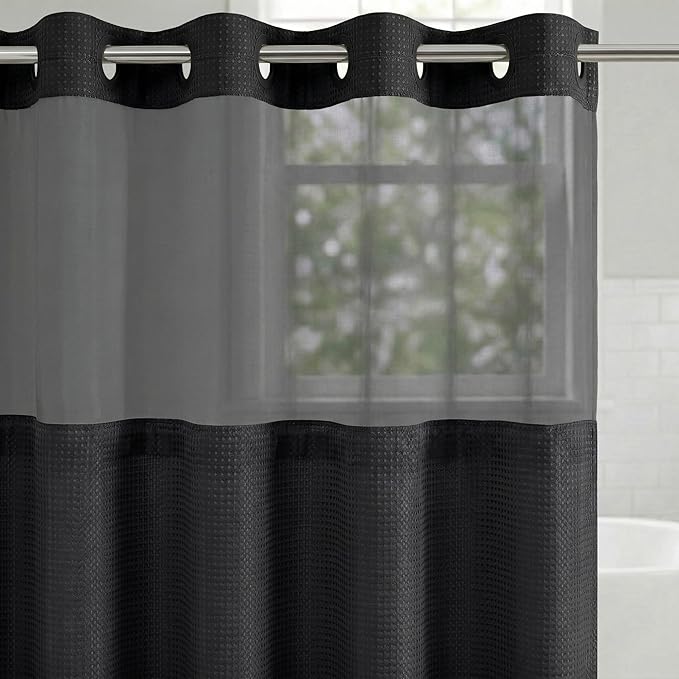 Americanflat 72x75 Hookless Waffle Pattern Shower Curtain - Water-Resistant Long Shower Curtain with Sheer Panel, Snap-in Liner, and Durable Grommets - 100% Polyester - Black