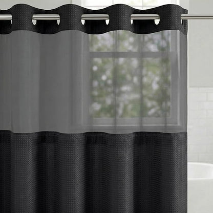 Americanflat 72x75 Hookless Waffle Pattern Shower Curtain - Water-Resistant Long Shower Curtain with Sheer Panel, Snap-in Liner, and Durable Grommets - 100% Polyester - Black