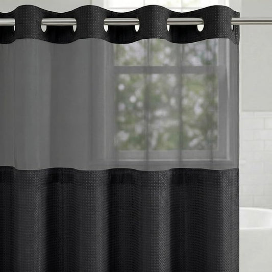 Americanflat 72x75 Hookless Waffle Pattern Shower Curtain - Water-Resistant Long Shower Curtain with Sheer Panel, Snap-in Liner, and Durable Grommets - 100% Polyester - Black