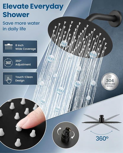 Airuida 8 Inch Matte Black Shower Faucet Set,Shower Valve Kit | Female Threads Rough-in Valve Shower Trim Kit,Single Handle Control Shower Set