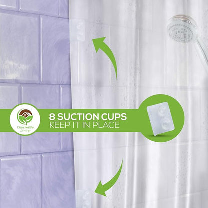 Clean Healthy Living PEVA Shower Curtain Liner, Frost, 96 x 71 in, Premium | Premium PEVA shower liner, Frost, 96 x 71 in; magnets and suction cups help reduce shifting along the tub or shower.