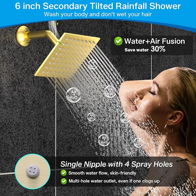 ENGA Dual Rain Shower Head System, 2 In 1 Functions Ceiling Mount 14x20inch LED Shower Head with 6 Inch Shower Head, Rainfall Waterfall Shower Faucet Set, Brushed Gold