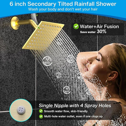 ENGA Dual Rain Shower Head System, 2 In 1 Functions Ceiling Mount 14x20inch LED Shower Head with 6 Inch Shower Head, Rainfall Waterfall Shower Faucet Set, Brushed Gold