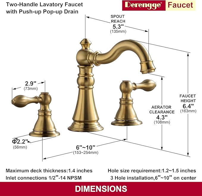 Two Handle Bathroom Sink Faucet 3 Hole Brushed Gold with Pop up Drain,High Arc Lavatory 8 Inch Widespread Bathroom Faucet, F-8805-BG