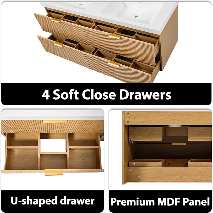 60 in Floating Bathroom Vanity with Double Sink Bathroom Vanity with Soft-Closing,Modern Fluted Bathroom Sink Cabinet,Wall-Mounted (Wood w/4 Drawers,59.3 Inch)