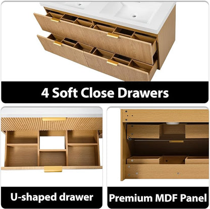 60 in Floating Bathroom Vanity with Double Sink Bathroom Vanity with Soft-Closing,Modern Fluted Bathroom Sink Cabinet,Wall-Mounted (Wood w/4 Drawers,59.3 Inch)