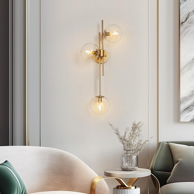 KSANA Gold Sconces Wall Lighting, Modern 3-Light Bathroom Vanity Light Fixtures with Globe Clear Glass Shade Over Mirror or Beside for Hallway, Bedroom, Living Room and Kitchen