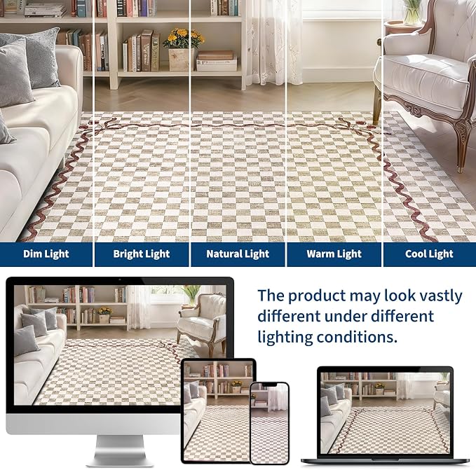 Garvee Washable 8x10 Area Rug for Living Room Neutral Checkered Cherry | Coquette Non Slip Soft Bedroom Rugs Non Shedding Low Pile Stain Resistant Carpet for Nursery Grils Dorm Playroom Office